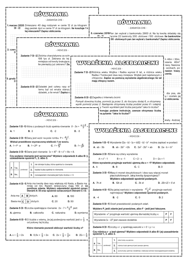 MINI E8 (egzamin ósmoklasisty z matematyki) Równania i wyrażenia algebraiczne. Klasa 7. Klasa 8.