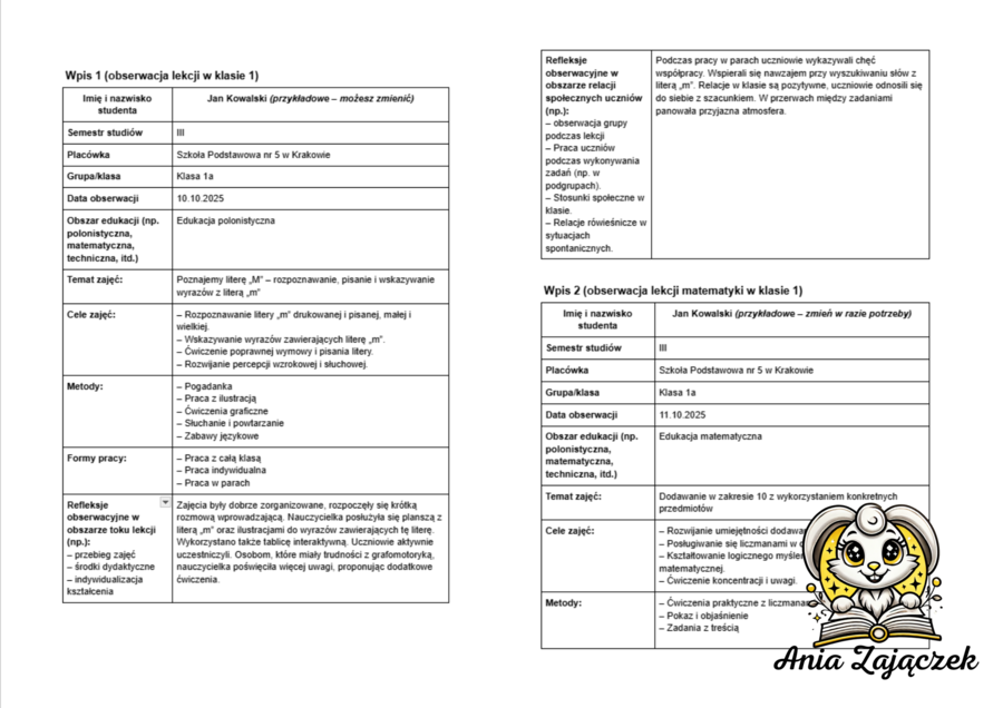 Dziennik Praktyk obserwacyjnych w klasach 1-3 30 h