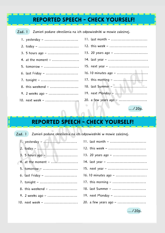 Reported Speech - Check yourself! - określenia czasu - kartkówka - test - karta pracy - mowa zależna - gramatyka - ćwiczenia - matura - angielski - do wydrukowania - .pdf