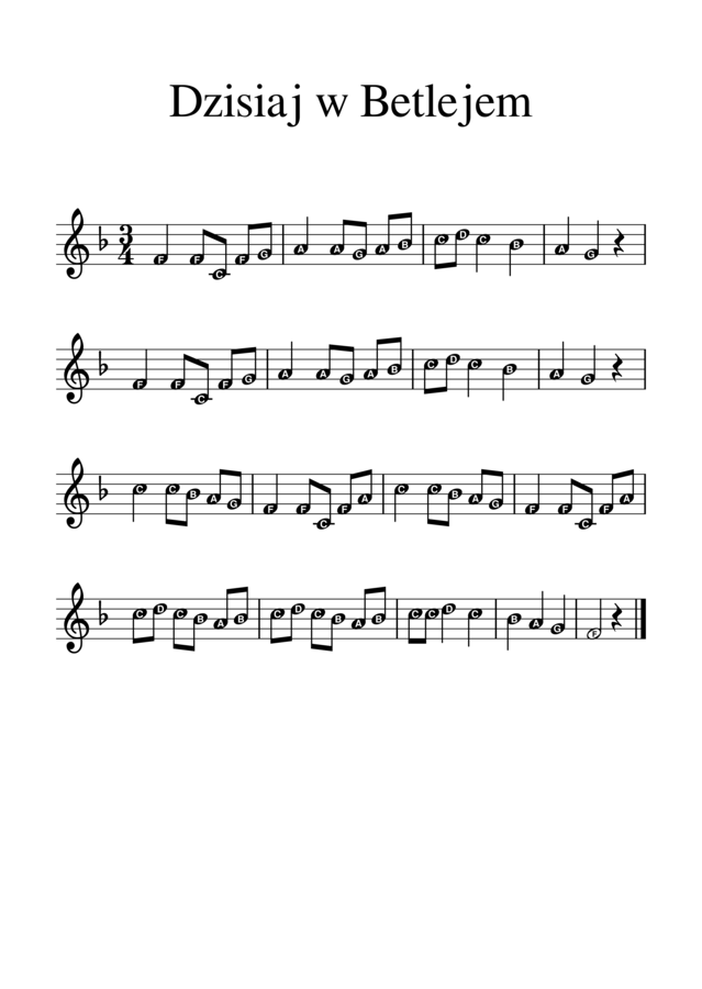 Kolęda Dzisiaj w Betlejem. Duże nuty z literowymi nazwami dźwięków.