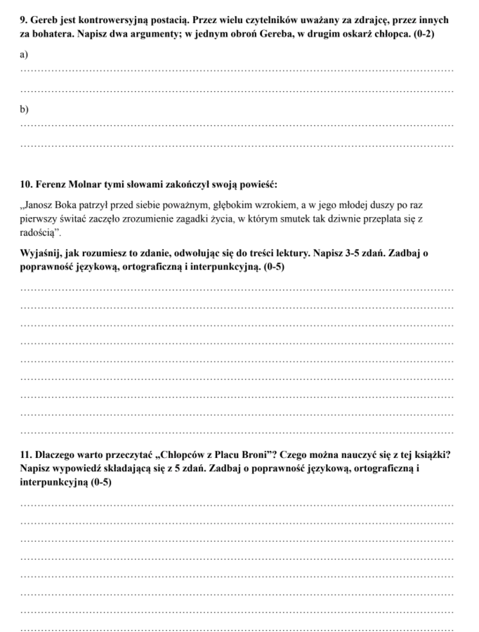 Chłopcy z Placu Broni - sprawdzian podsumowujący