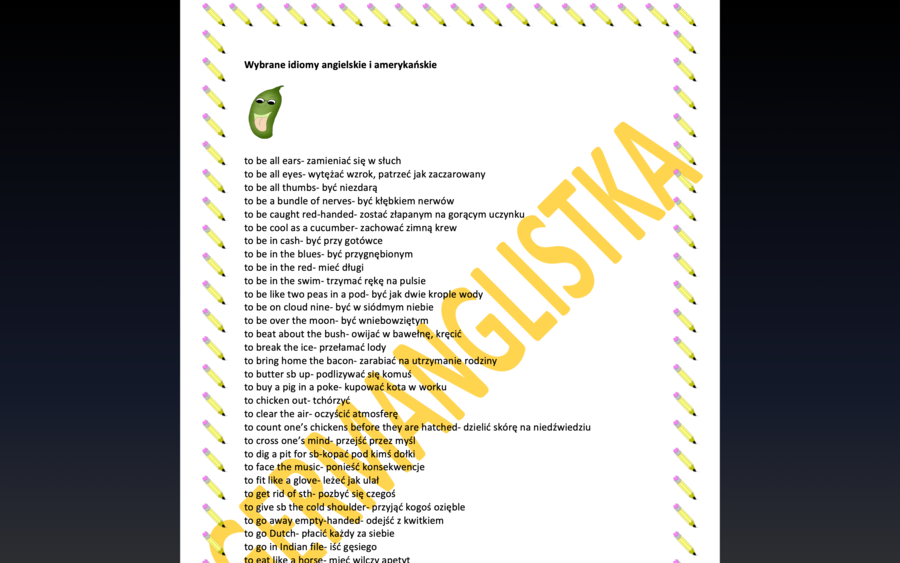 Idiomy angielskie i amerykańskie- OBSZERNA lista w j. angielskim z tłumaczeniem + 6 ćwiczeń- MATURA