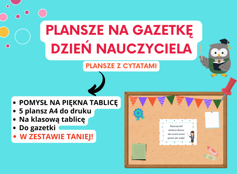 💬 Plansze z cytatami na gazetkę szkolną z okazji Dnia Nauczyciela (5 plansz A4), szkoła podstawowa, świetlica, godzina wychowawcza