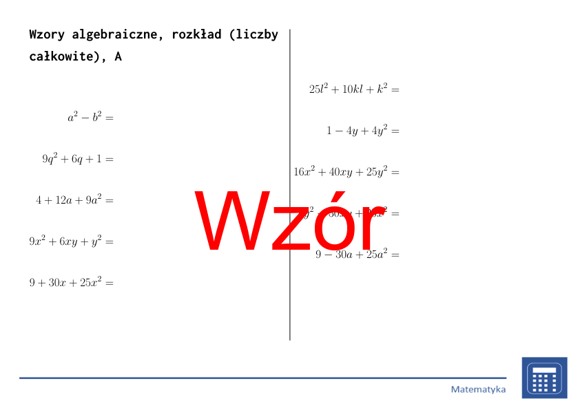 Wzory algebraiczne, rozkład (liczby całkowite) | matematyka, algebra | 26 kolumn