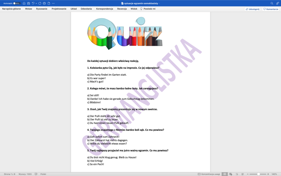 Egzamin Ósmoklasisty- j. niemiecki - Dobieranie reakcji do sytuacji - aż 50 pytań z odpowiedziami do wyboru + klucz.