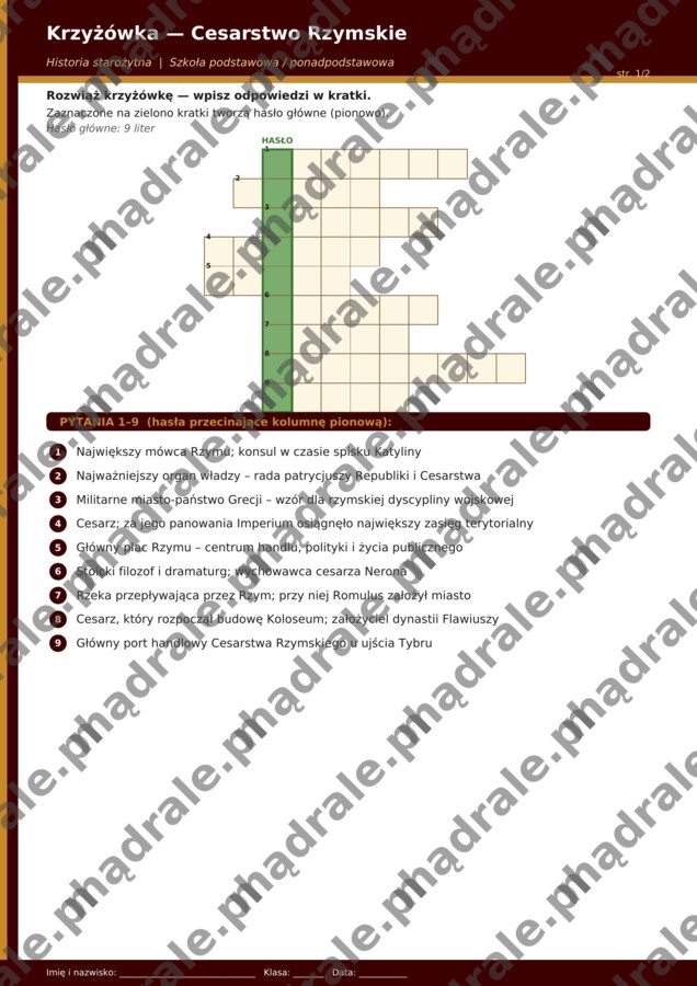 KRZYŻÓWKA "CESARSTWO RZYMSKIE" KARTA PRACY + KLUCZ ODPOWIEDZI