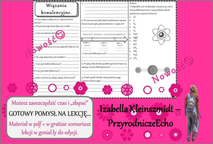 Pomysł na lekcję/karta pracy/stacje zadaniowe/notatki/ materiał do lekcji do tematu „Wiązania kowalencyjne” w pdf. W gratisie niekomercyjny scenariusz lekcji/pomysł na lekcję w programie genial.ly do edycji. Na podstawie wydawnictwa MAC. Chemia 7. Dział 