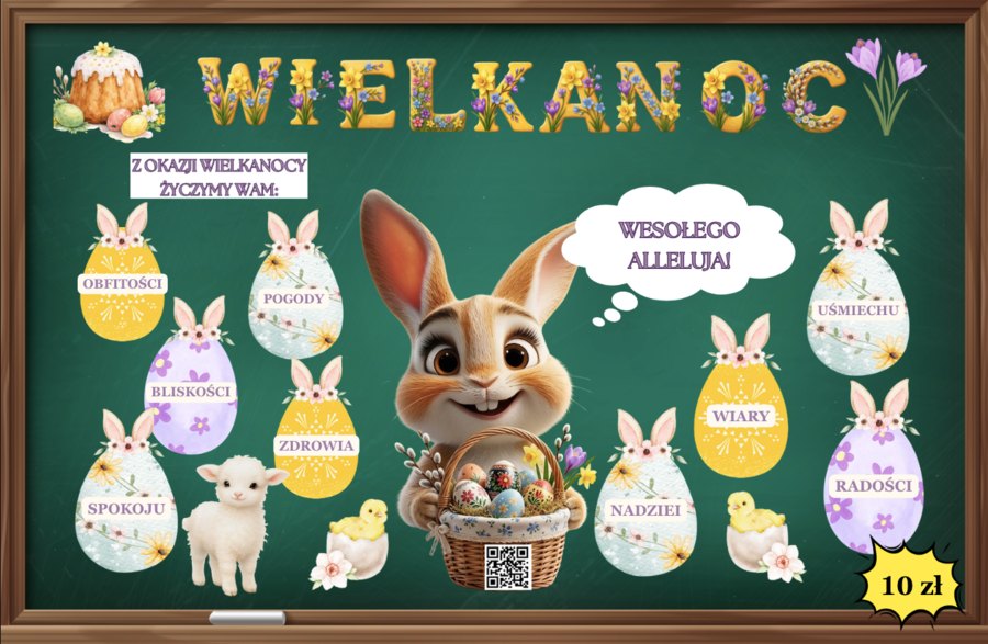 Interaktywna Gazetka Wielkanocna| Zawiera  kod QR do filmiku z zagadkami i ciekawostkami na temat Wielkanocy| Karta pracy+ kolorowanka+ odpowiedzi| Plakat 4 x A 4