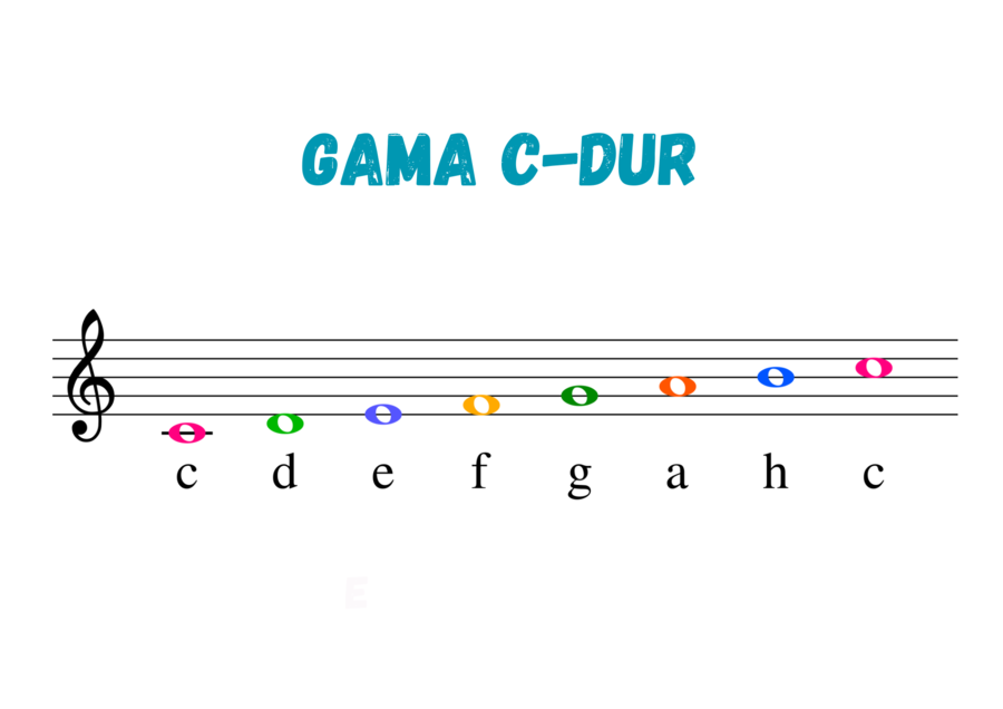 Muzyka. Nauka nut. Gama C-dur w kluczu wiolinowym. Duża, kolorowa czcionka.