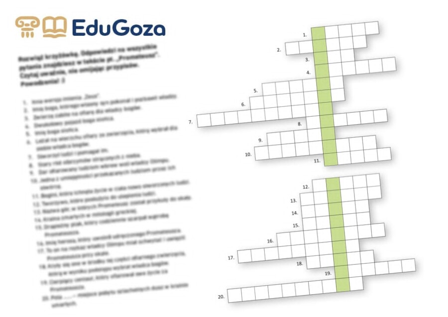 Krzyżówka - karta pracy PROMETEUSZ - mitologia - mity greckie