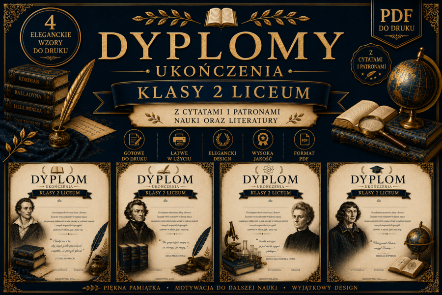 Dyplomy ukończenia klasy 2 liceum – 4 eleganckie wzory PDF do druku | Patroni nauki i literatur