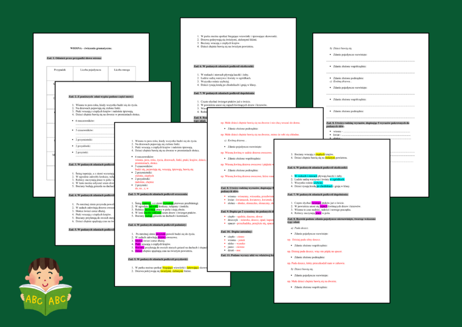 WIOSNA - ćwiczenia gramatyczne - GRAMATYKA - części mowy - części zdania - składnia - kl. 4-6 - karta pracy + ODPOWIEDZI