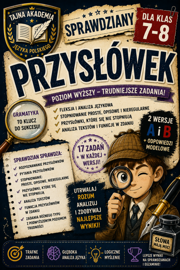 Przysłówek – sprawdziany kl. 7–8 | wersja A i B + odpowiedzi modelowe