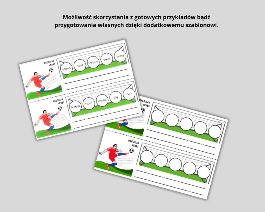 Verb Penalty Kicks - Irregular Verbs Activity - Ćwiczenie utrwalające czasowniki nieregularne, język angielski, Past Simple, Past Participle, czas przeszły, imiesłów bierny