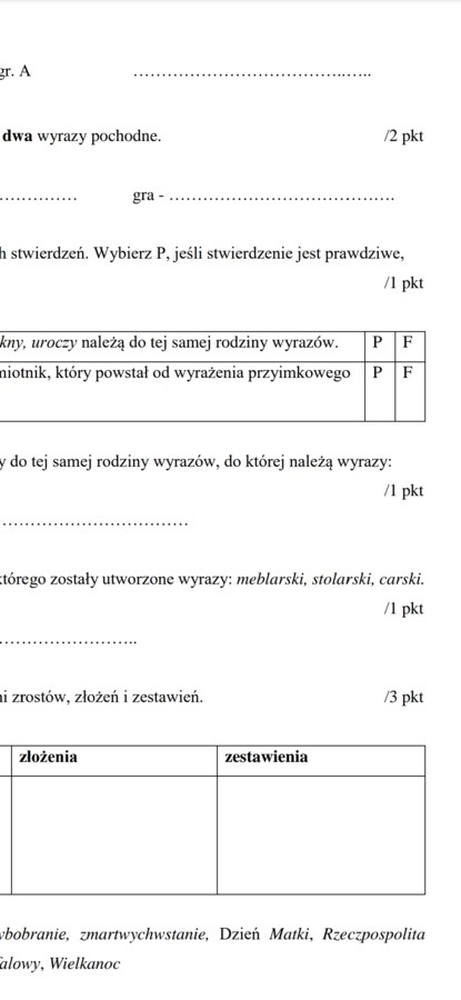 Sprawdzian ze słowotwórstwa dla kl.. 7
