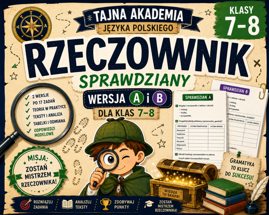 Rzeczownik – sprawdziany kl. 7–8 | wersja A i B | fleksja + odpowiedzi modelowe