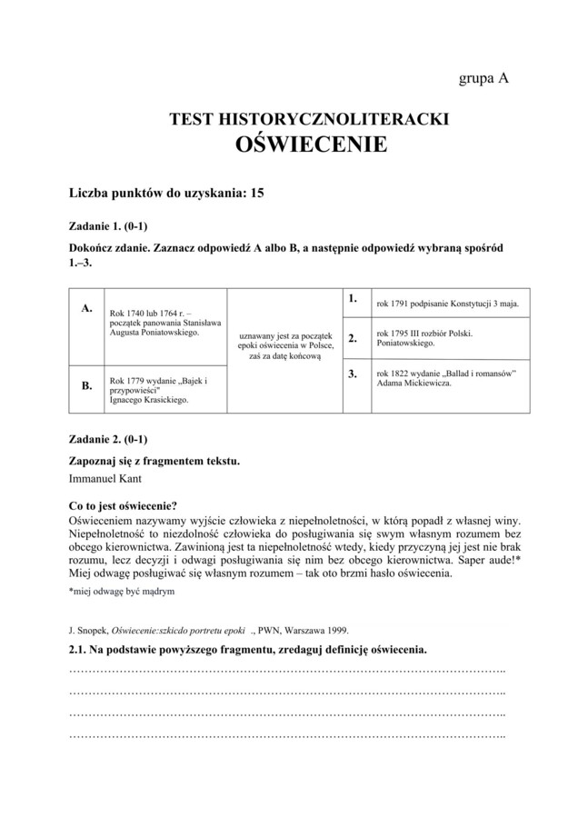 📃Test historycznoliteracki – język polski – matura Oświecenie