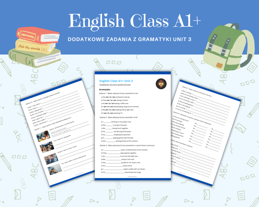English A1 + Plus Grammar Worksheet Unit 3 Present Continuous Karty pracy Gramatyka Klasa 5 Odmiana to be Zdania twierdzące, przeczenia pytania i krótkie odpowiedzi