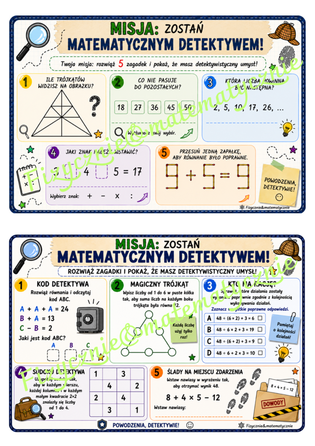MISJA: Zostań Matematycznym Detektywem! Łamigłówki matematyczne na pierwsze lekcje i nie tylko.