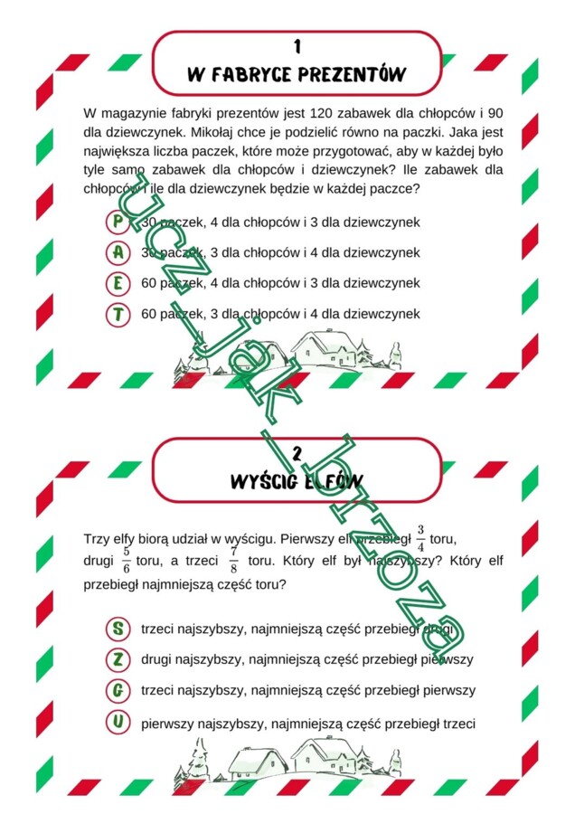 Stacje zadaniowe, mikołaj, boże narodzenie, szyfr, klasa 5, liczby naturalne i ułamki zwykłe