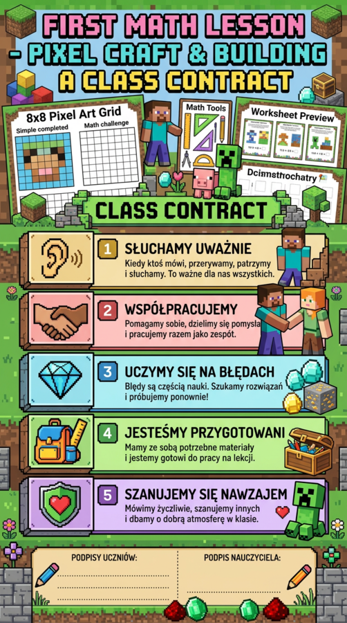 Pierwsza lekcja matematyki w klasie 4 – Pixel Craft, Budowanie i Kontrakt klasowy w Stylu Minecraft (Scenariusz + Karty pracy)