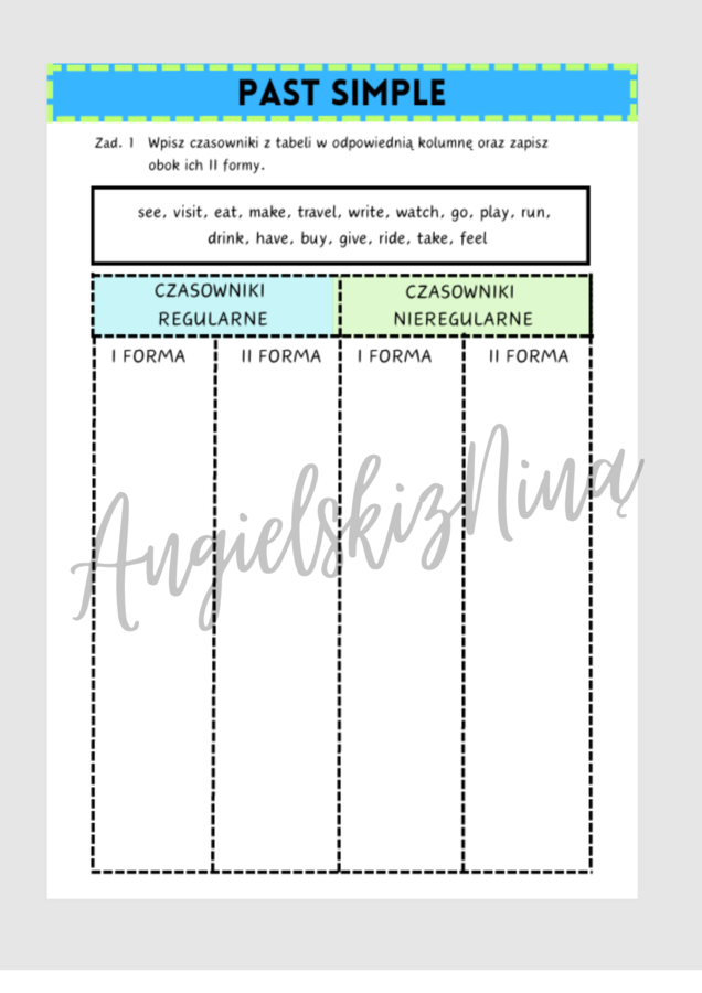 Past Simple - czasowniki nieregularne i regularne - Irregular Verbs - Regular Verbs - czas przeszły - karta pracy - egzamin ósmoklasisty - E8