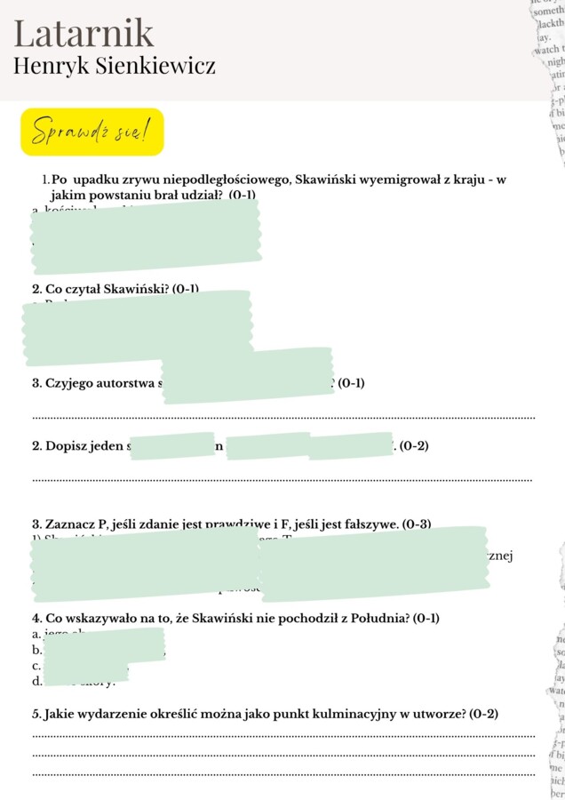 Latarnik Henryk Sienkiewicz - opracowanie do E8 + 15 przykładowych zadań egzaminacyjnych