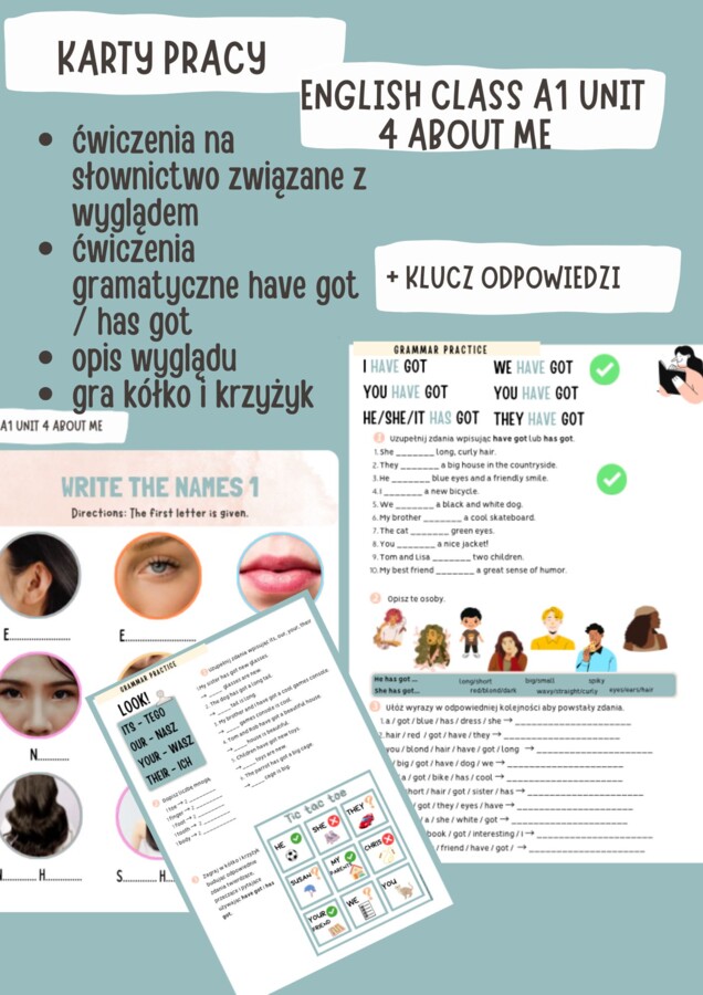 Karty pracy English  Class A1 unit 4 About me, ćwiczenia have got/has got, opis wyglądu