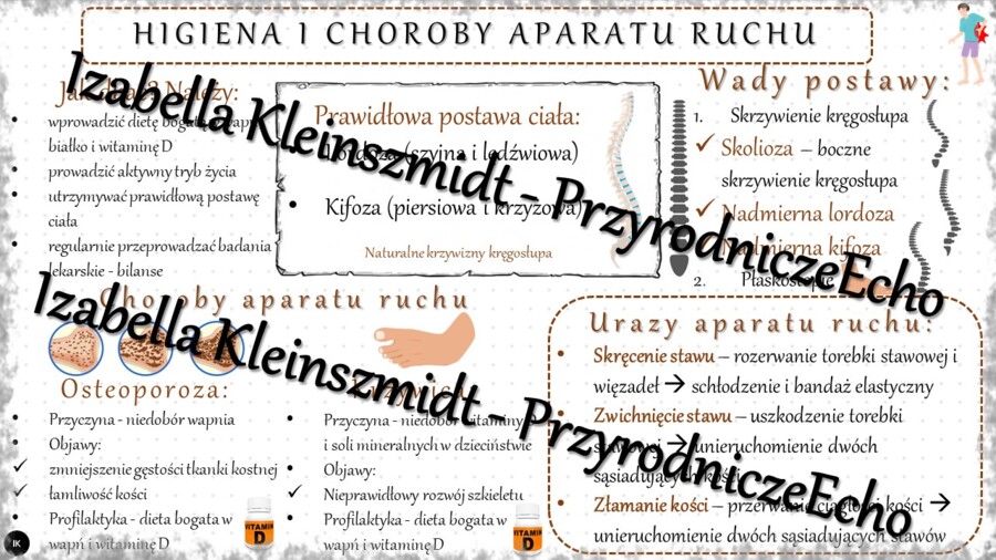 Sketchnotka - notatka „Higiena i choroby aparatu ruchu” wykonana w power point do edycji. Biologia 7; „Aparat ruchu”