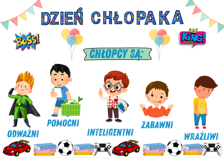 Pakiet gazetek na Dzień Chłopaka idealny dla klas młodszych i starszych| w zestawie 1 duży plakat| Format A4 i mniejszy| 60 strondo druku