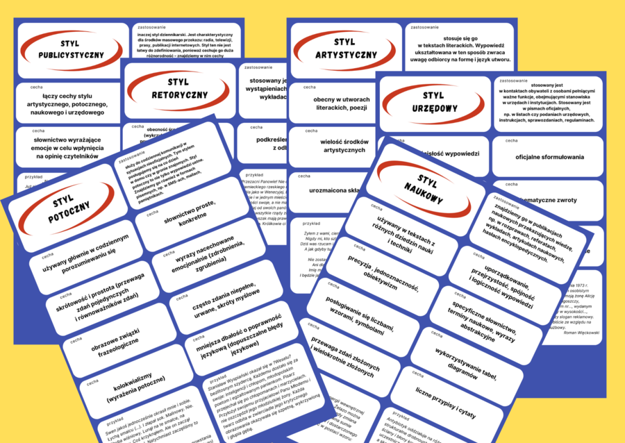STYLE WYPOWIEDZI - fiszki - kl. 7-8 - egzamin - powtórzenie