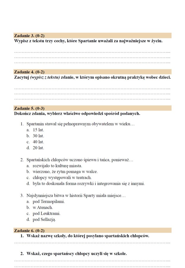 Historia - czytanie ze zrozumieniem "Spartańskie wychowanie"
