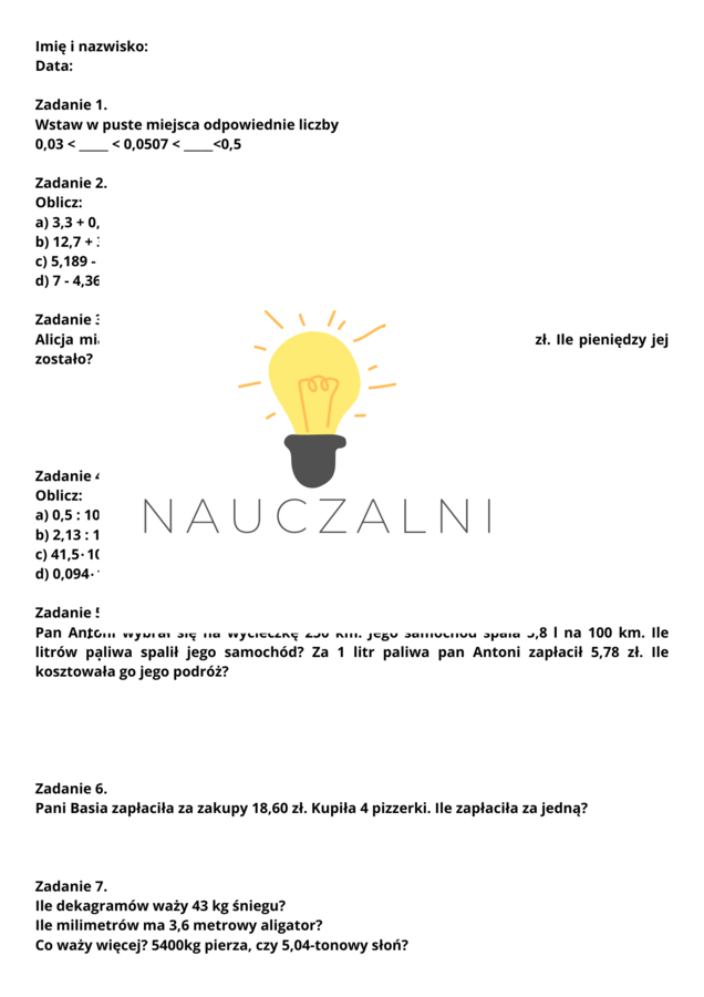 Karta pracy sprawdzian ułamki dziesiętne klasa 5