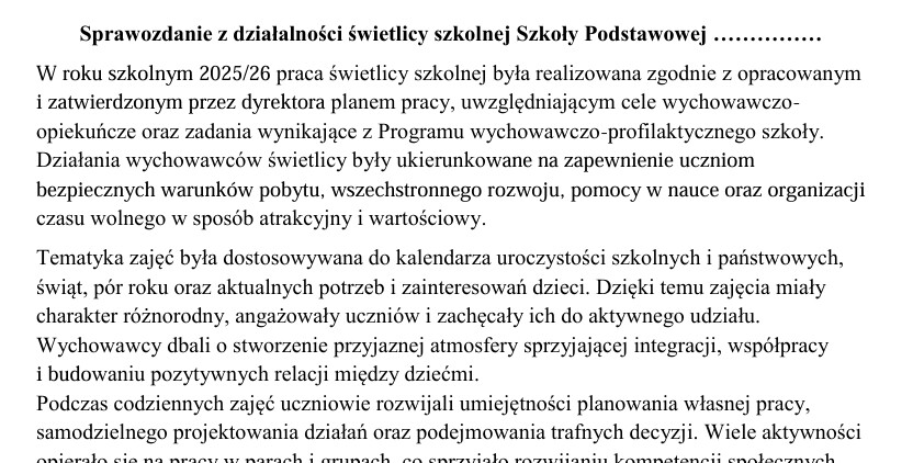 Sprawozdanie z działalności świetlicy szkolnej Szkoły Podstawowej ……………