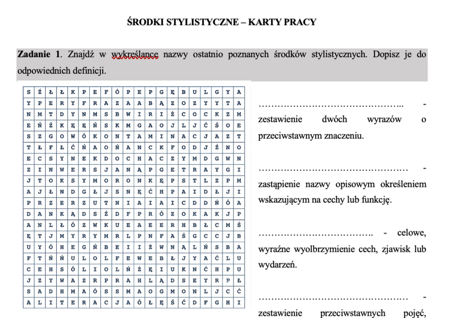 Środki stylistyczne - karty pracy (liceum)