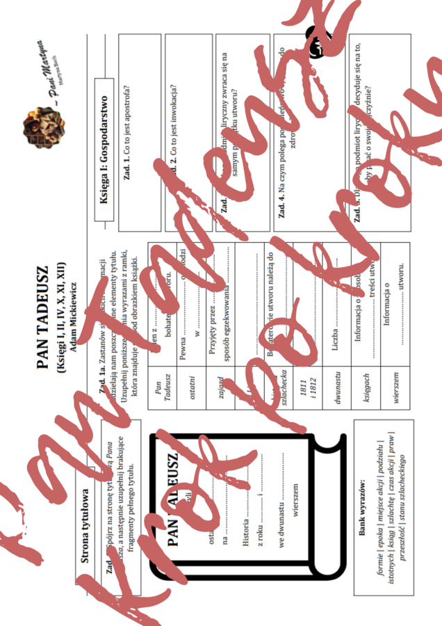 PAN TADEUSZ (fragmenty): Krok po kroku – karta pracy do lektury