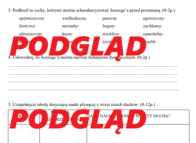 OPOWIEŚĆ WIGILIJNA sprawdzian podsumowujący, praca klasowa, egzamin ósmoklasisty