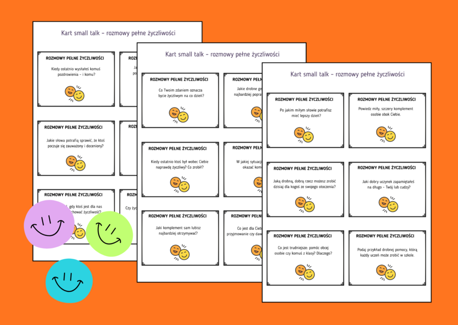 ⭐Dzień Życzliwości i Pozdrowień - Dzień Uśmiechu - Karty small talk - 60 szt. - TUS - zajęcia z wychowawcą – biblioteka – język polski
