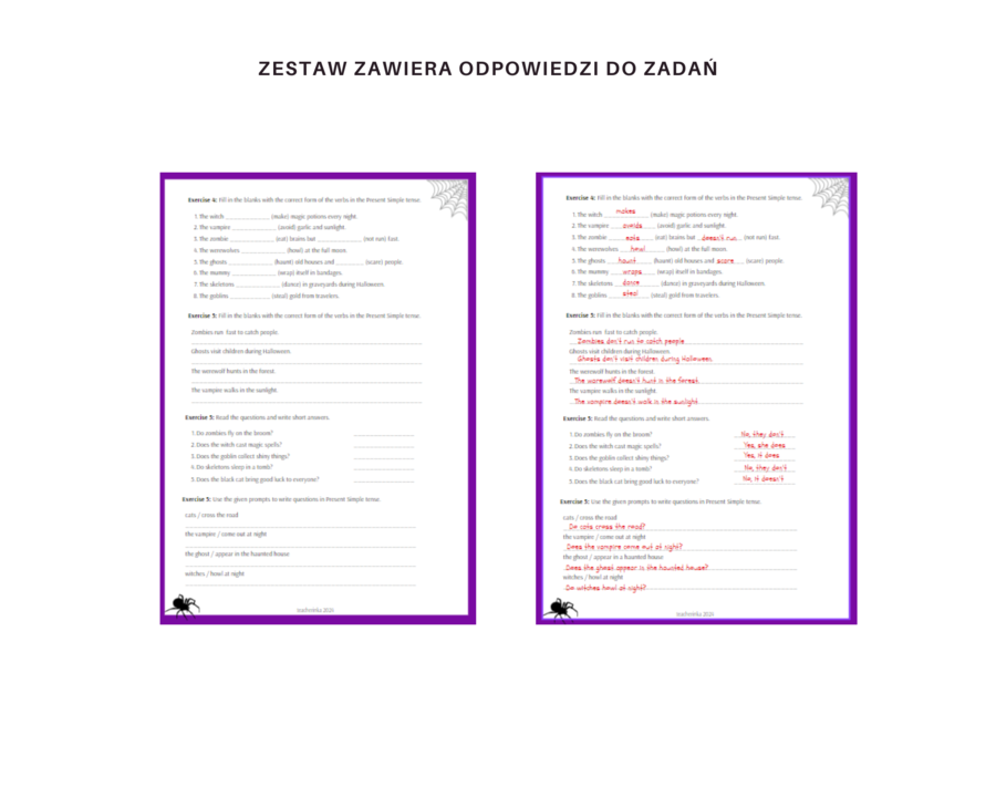 Spooky Sentences: Present Simple Worksheets Halloween Edition Arkusz ćwiczeń Karty pracy na ćwiczenie czasu Present Simple dla klasy 5 Motyw Halloween Dodatkowo Gra Memory