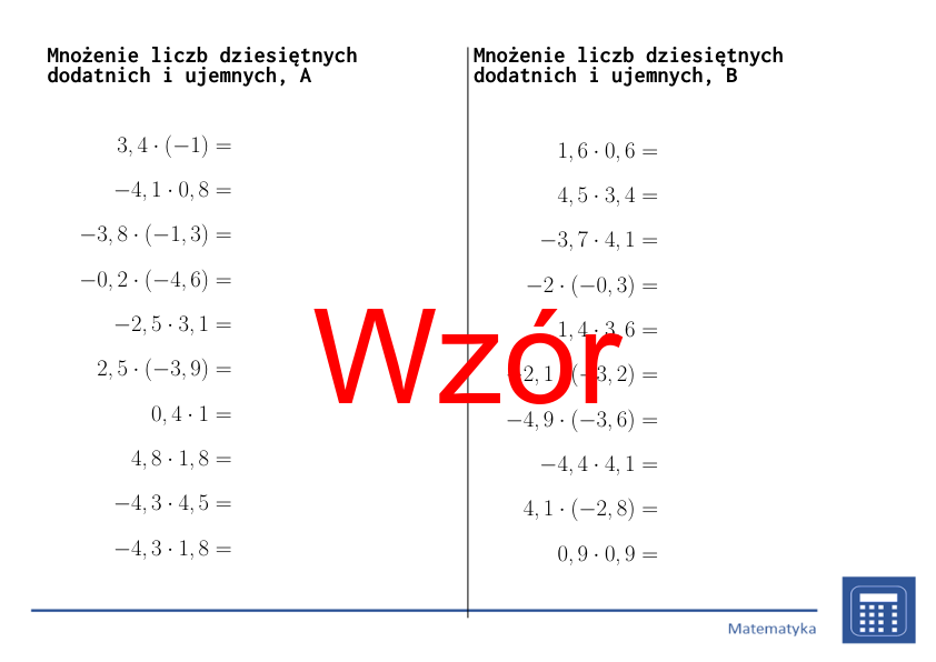 Mnożenie liczb dziesiętnych dodatnich i ujemnych | matematyka | 26 kolumn