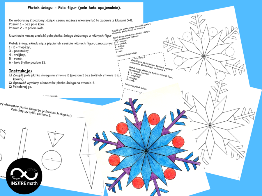 Płatek śniegu - Pola figur, pola wielokątów (prostokąt, trójkąt, trapez, romb). Projekt Math & Art.