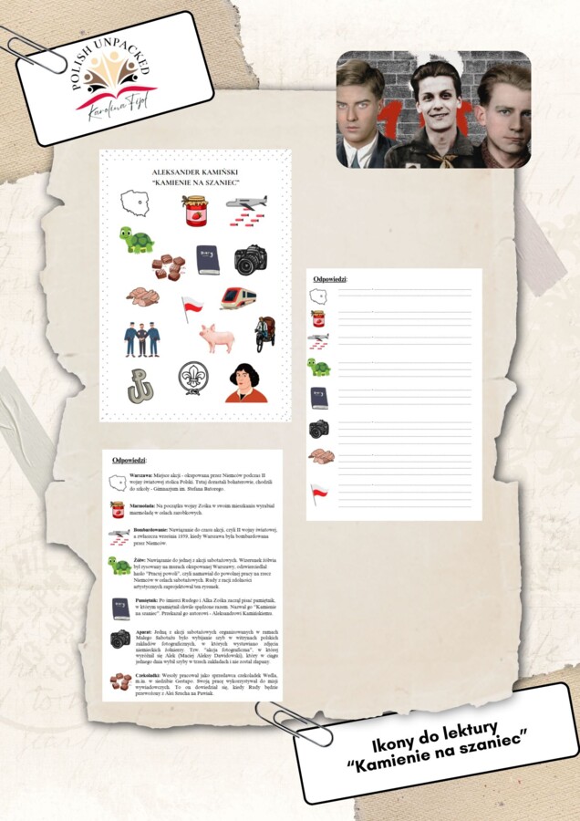 Ikony (obrazki, symbole) + odpowiedzi "Kamienie na szaniec" Aleksander Kamiński, język polski, egzamin ósmoklasisty, lektura obowiązkowa klasa 7-8