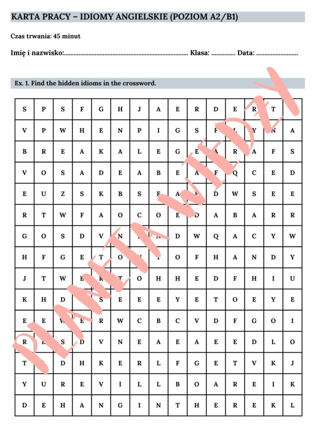 Najpopularniejsze angielskie idiomy – Karta pracy dla uczniów, Ćwiczenia zwrotów – język angielski, (poziom A2/B1, szkoła podstawowa), PDF do druku