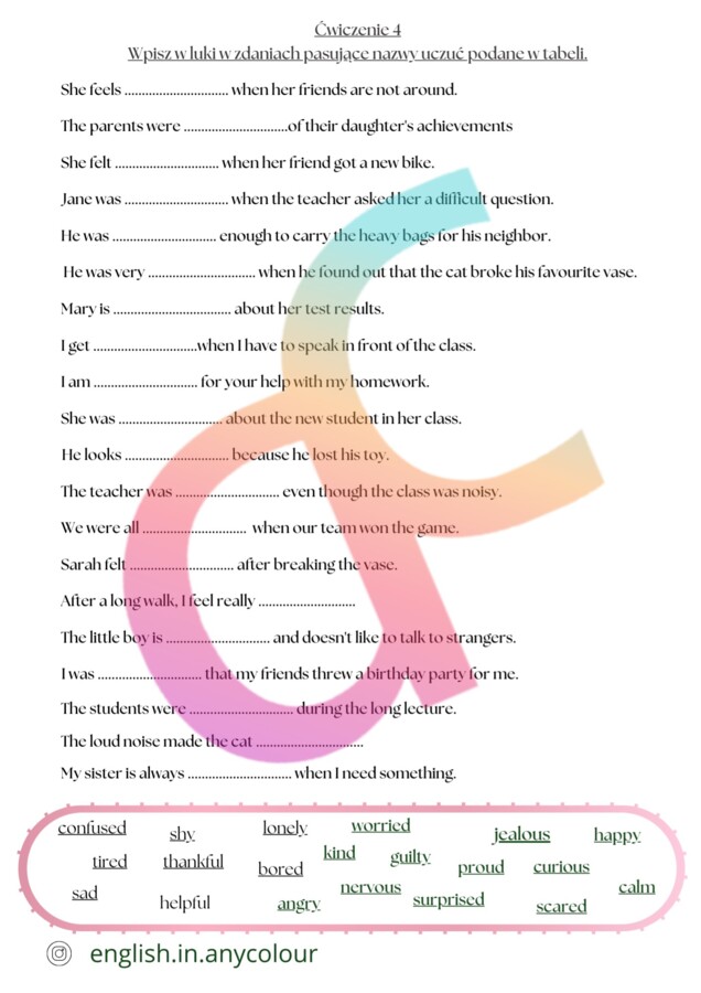 Angielski - Emotions - 2 rodzaje słownika obrazkowego, indywidualne karty BINGO, 4 ćwiczenia