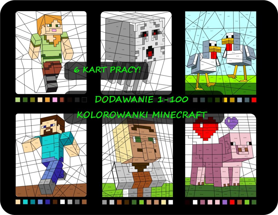 Zestaw dla fanów Minecrafta: Dodawanie liczb dwucyfrowych, kolorowanka matematyczna, pokoloruj według wyników dodawania 1-100, Minecraft