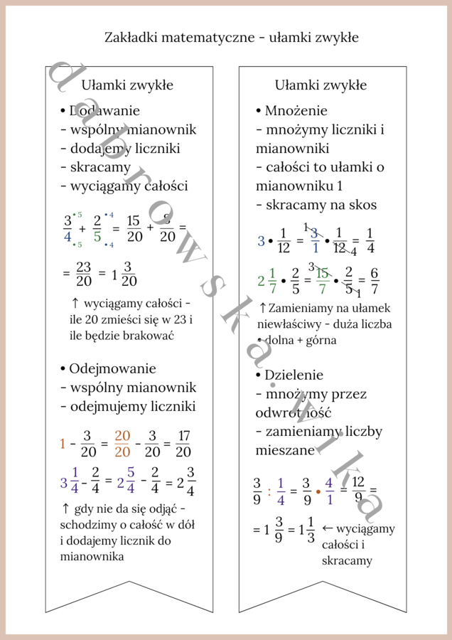 Zakładki matematyczne - ułamki zwykłe