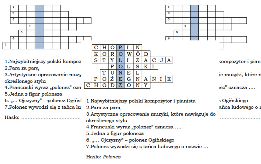 Logogryf dla klasy 7 na podsumowanie lekcji "Polonez. Opracowanie artystyczne muzyki ludowej"