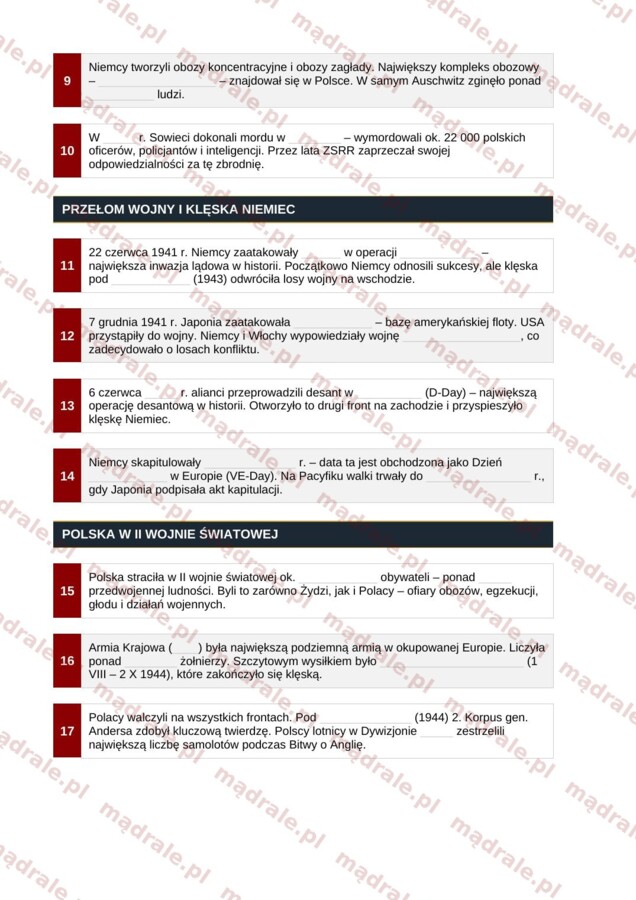 Notatka okienkowa „II wojna światowa” + klucz odpowiedzi