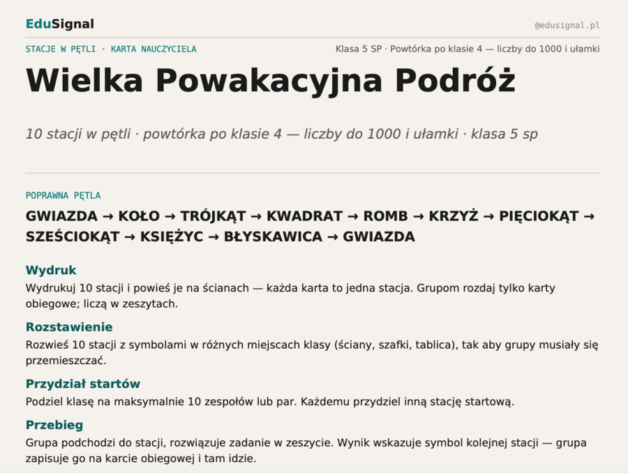 Powtórka po klasie 4 — stacje w pętli, klasa 5 (10 stacji + karta obiegowa + klucz)