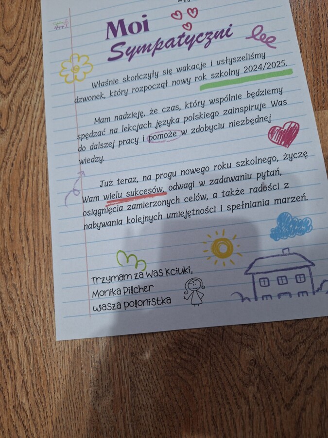 List polonistki do uczniów - początek roku szkolnego, gazetka, wklejka 2024
